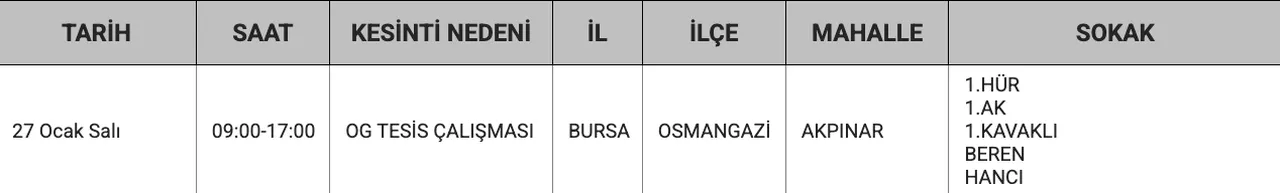Bursa'da elektrikler ne zaman gelecek? (27 Ocak UEDAŞ elektrik kesintisi)