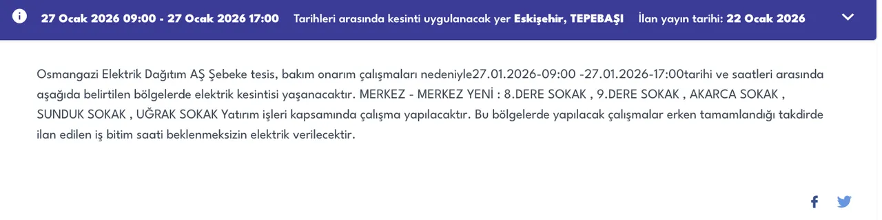 Eskişehir 27 Ocakta elektriksiz kalacak! OEDAŞ ilçe ilçe kesinti listesini duyurdu (Mahmudiye, Odunpazarı, Tepebaşı)