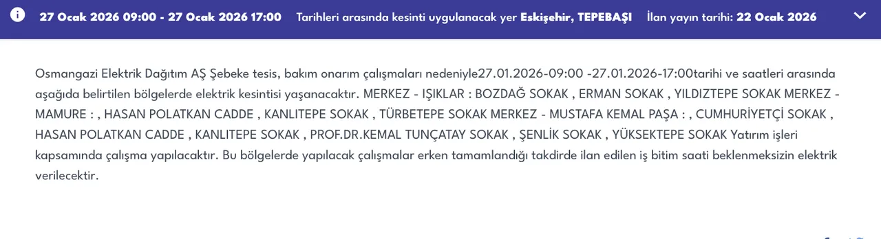 Eskişehir 27 Ocakta elektriksiz kalacak! OEDAŞ ilçe ilçe kesinti listesini duyurdu (Mahmudiye, Odunpazarı, Tepebaşı)