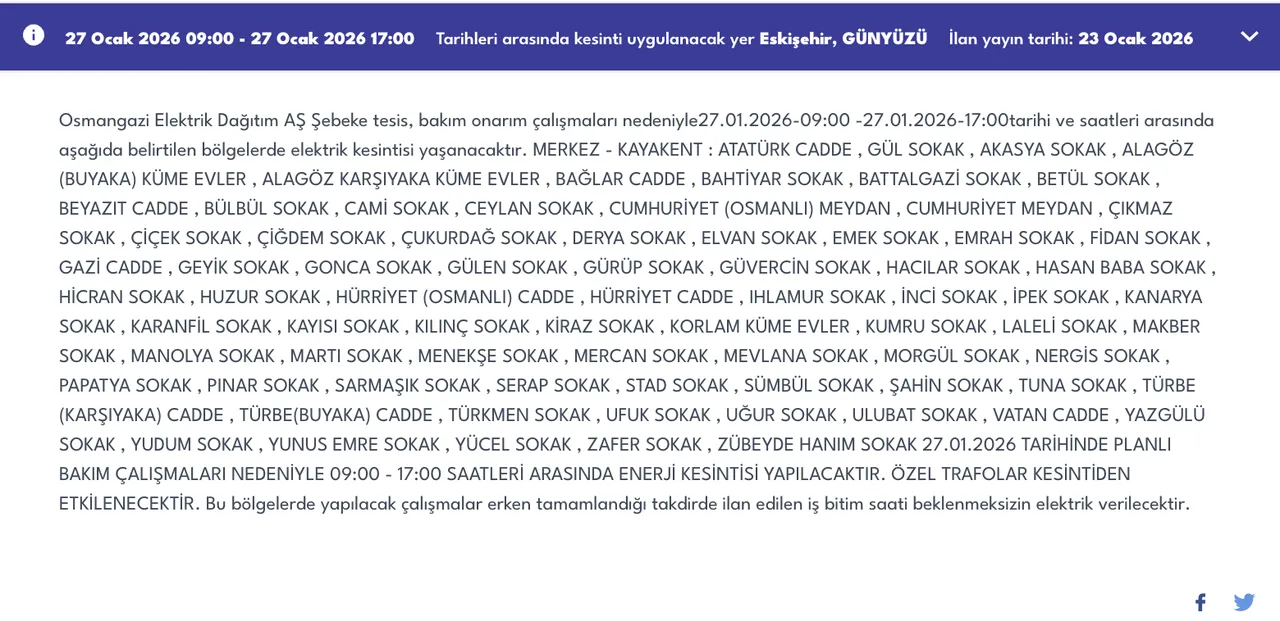Eskişehir 27 Ocakta elektriksiz kalacak! OEDAŞ ilçe ilçe kesinti listesini duyurdu (Mahmudiye, Odunpazarı, Tepebaşı)