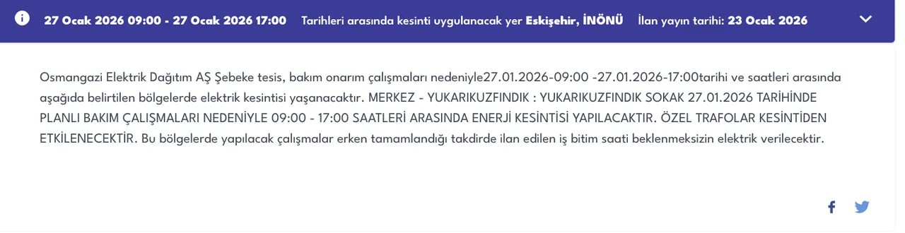 Eskişehir 27 Ocakta elektriksiz kalacak! OEDAŞ ilçe ilçe kesinti listesini duyurdu (Mahmudiye, Odunpazarı, Tepebaşı)