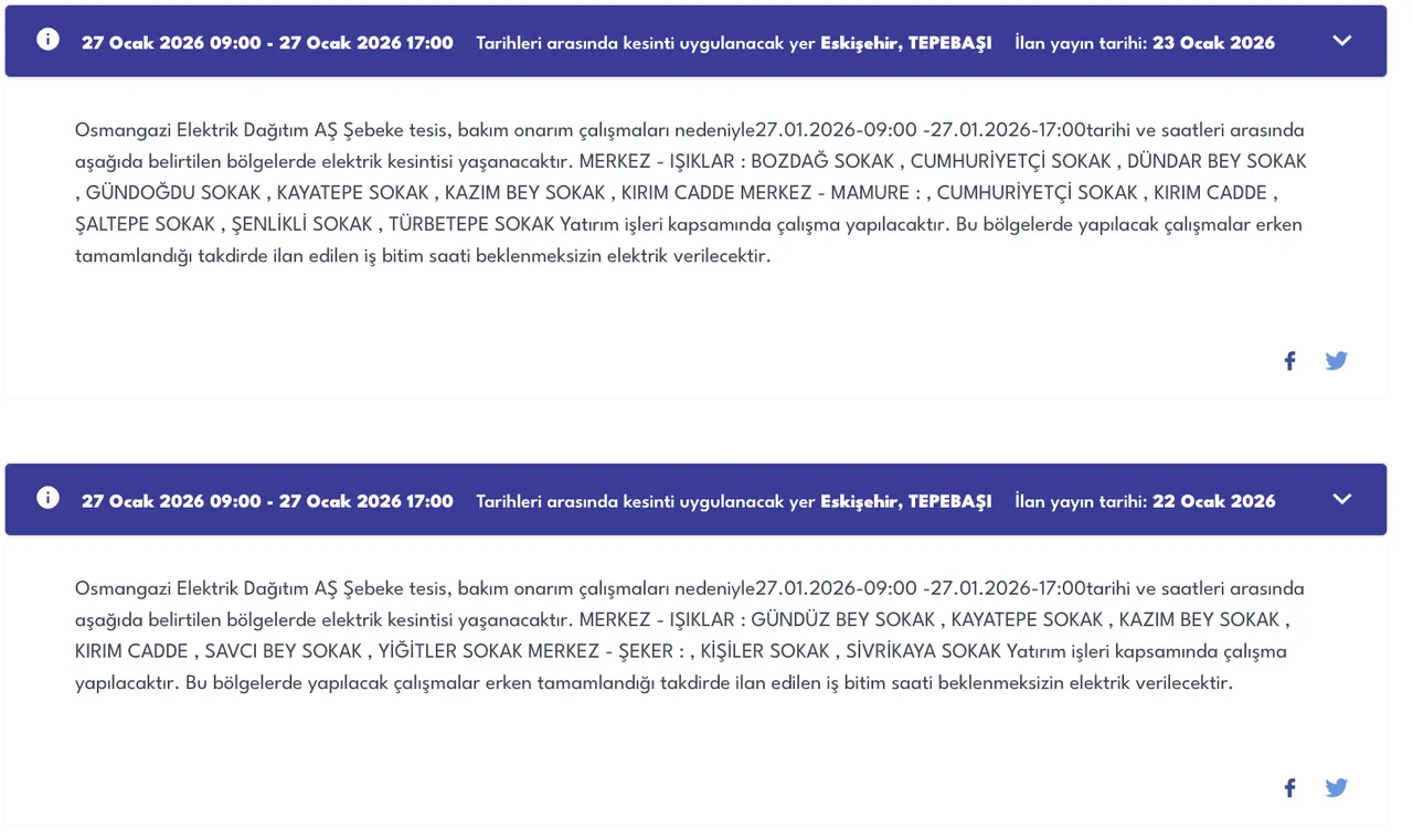 Eskişehir 27 Ocakta elektriksiz kalacak! OEDAŞ ilçe ilçe kesinti listesini duyurdu (Mahmudiye, Odunpazarı, Tepebaşı)
