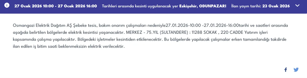 Eskişehir 27 Ocakta elektriksiz kalacak! OEDAŞ ilçe ilçe kesinti listesini duyurdu (Mahmudiye, Odunpazarı, Tepebaşı)