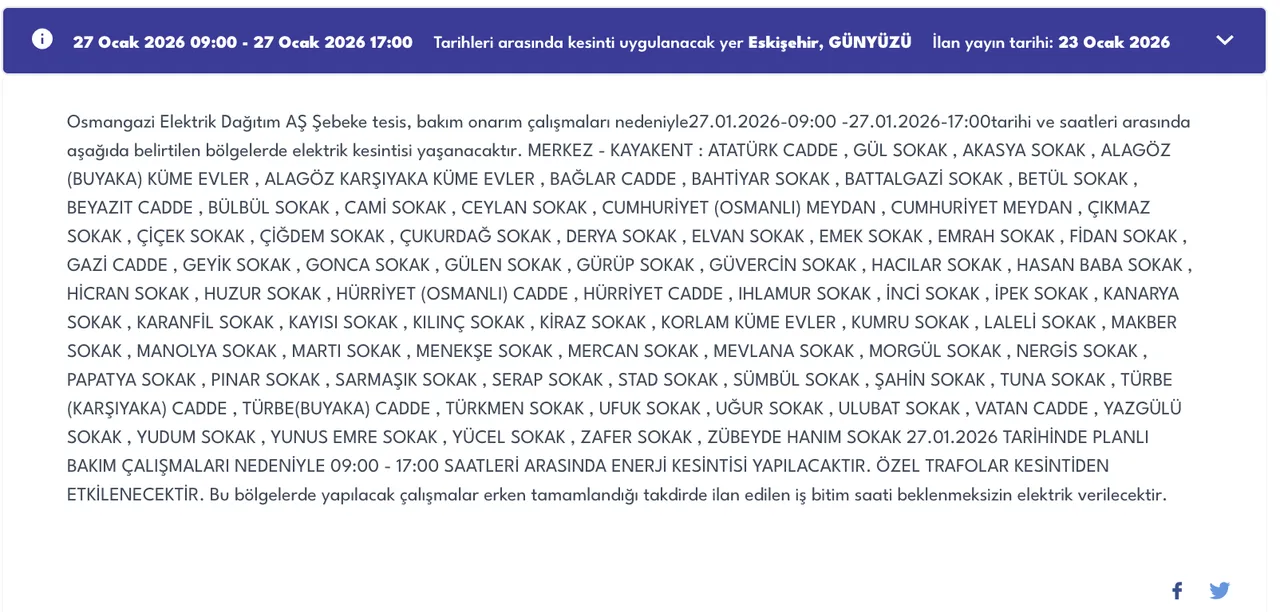 Eskişehir 27 Ocakta elektriksiz kalacak! OEDAŞ ilçe ilçe kesinti listesini duyurdu (Mahmudiye, Odunpazarı, Tepebaşı)