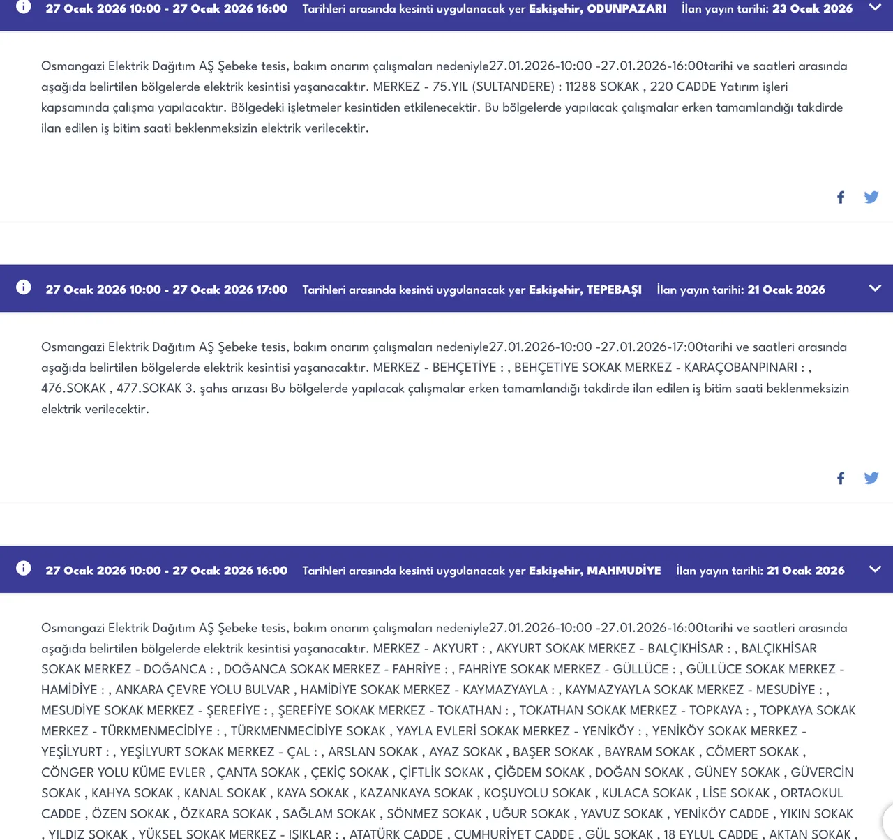 Eskişehir 27 Ocakta elektriksiz kalacak! OEDAŞ ilçe ilçe kesinti listesini duyurdu (Mahmudiye, Odunpazarı, Tepebaşı)