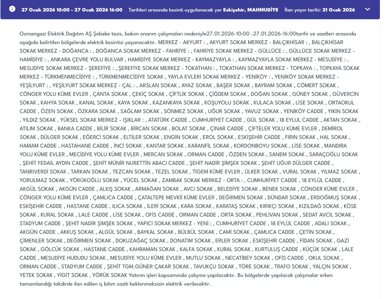 Eskişehir 27 Ocakta elektriksiz kalacak! OEDAŞ ilçe ilçe kesinti listesini duyurdu (Mahmudiye, Odunpazarı, Tepebaşı)
