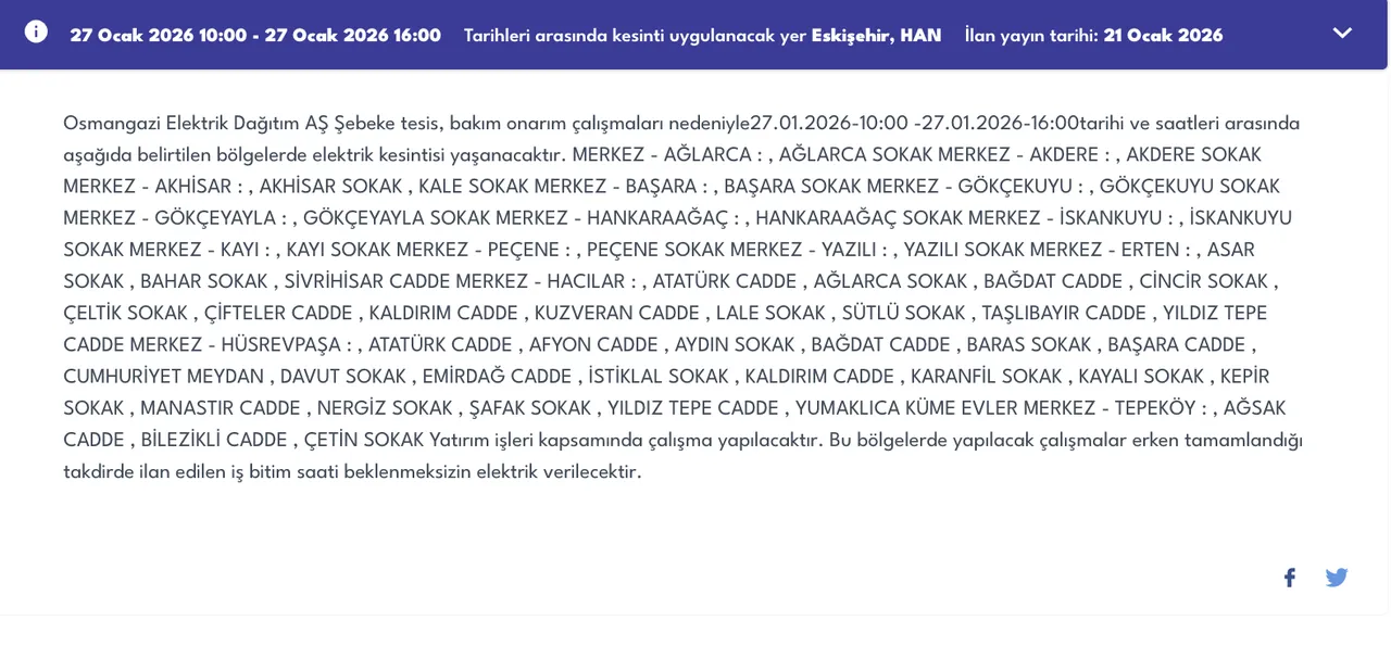 Eskişehir 27 Ocakta elektriksiz kalacak! OEDAŞ ilçe ilçe kesinti listesini duyurdu (Mahmudiye, Odunpazarı, Tepebaşı)