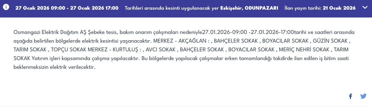 Eskişehir 27 Ocakta elektriksiz kalacak! OEDAŞ ilçe ilçe kesinti listesini duyurdu (Mahmudiye, Odunpazarı, Tepebaşı)