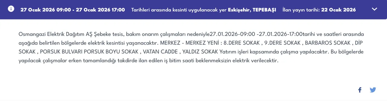 Eskişehir 27 Ocakta elektriksiz kalacak! OEDAŞ ilçe ilçe kesinti listesini duyurdu (Mahmudiye, Odunpazarı, Tepebaşı)