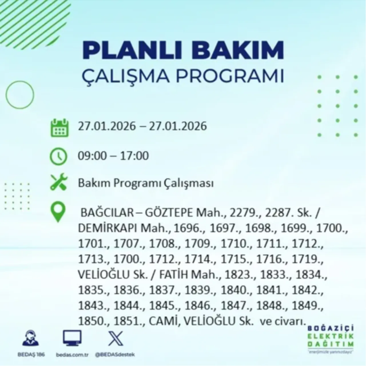 27 Ocak İstanbul elektrik kesinti listesi