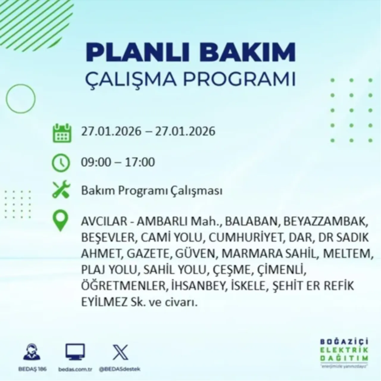 27 Ocak İstanbul elektrik kesinti listesi
