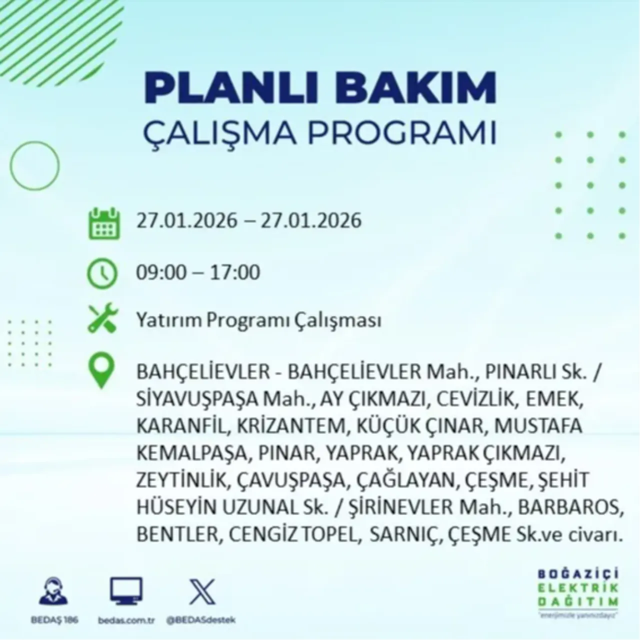 27 Ocak İstanbul elektrik kesinti listesi