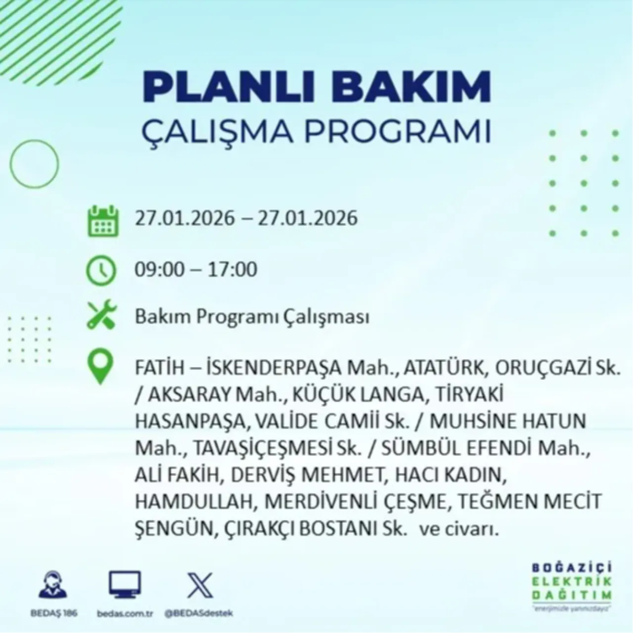 27 Ocak İstanbul elektrik kesinti listesi