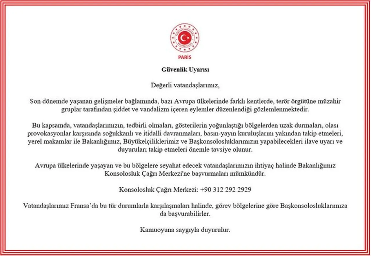 Türkiye’nin Berlin, Londra ve Paris büyükelçilikleri, son dönemde farklı kentlerde yaşanan şiddet olaylarına karşı vatandaşların tedbirli hareket etmesini istedi.