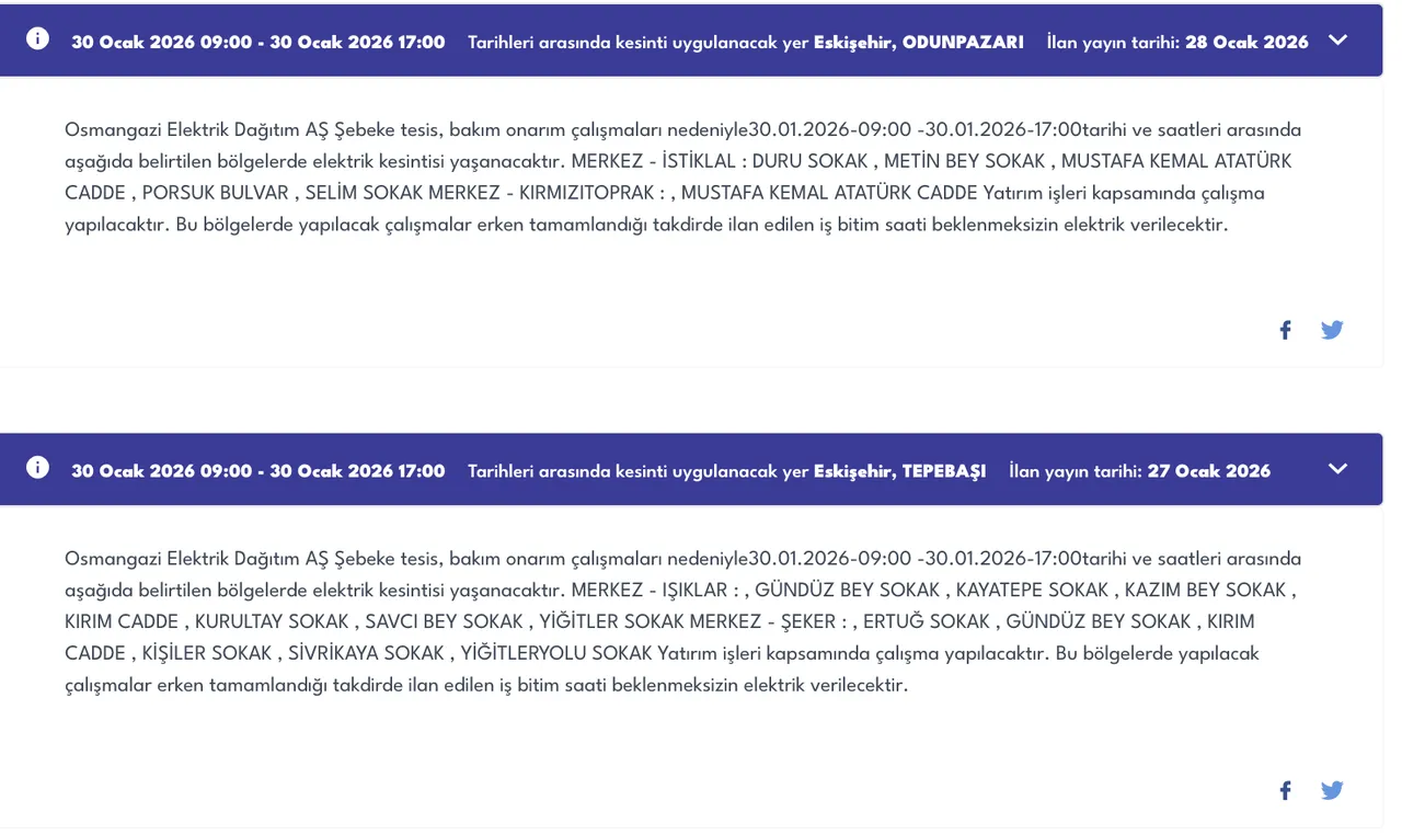 29 Ocak Eskişehir planlı elektrik kesintisİ: Hangi bölgelerde kesinti var?