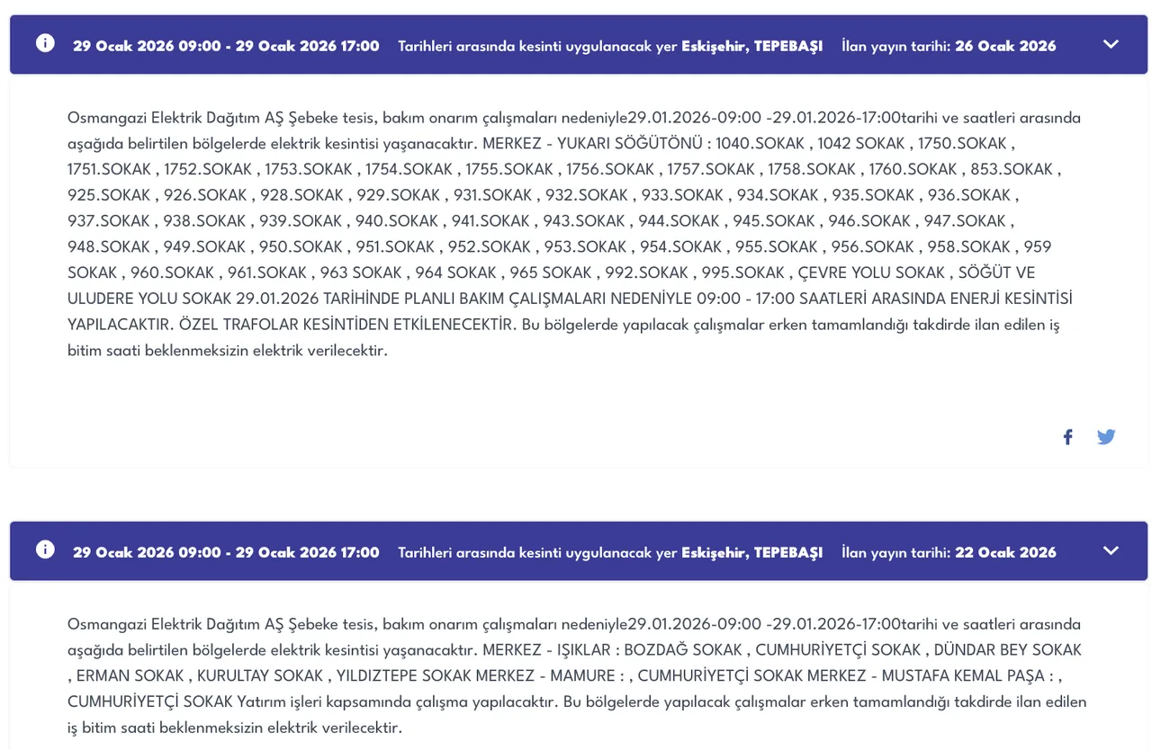 29 Ocak Eskişehir planlı elektrik kesintisİ: Hangi bölgelerde kesinti var?