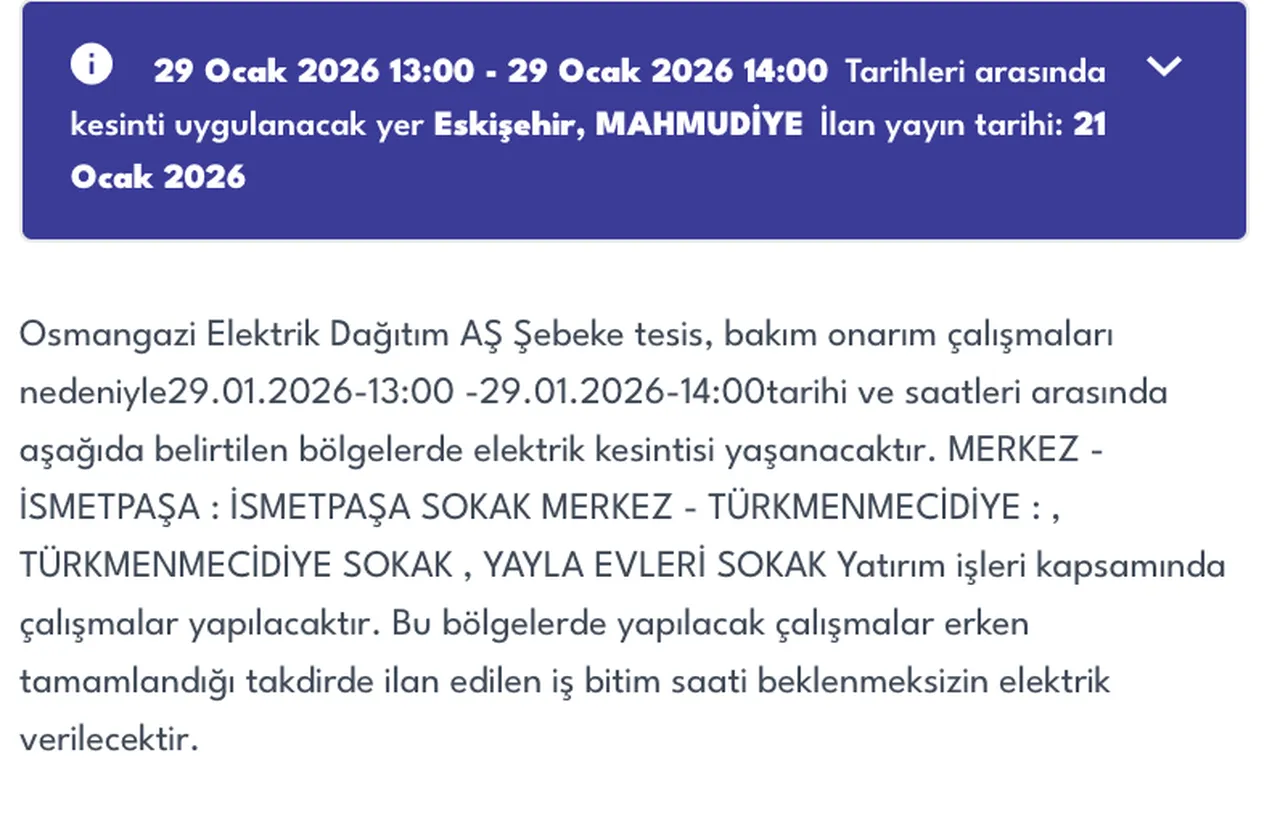 29 Ocak Eskişehir planlı elektrik kesintisİ: Hangi bölgelerde kesinti var?
