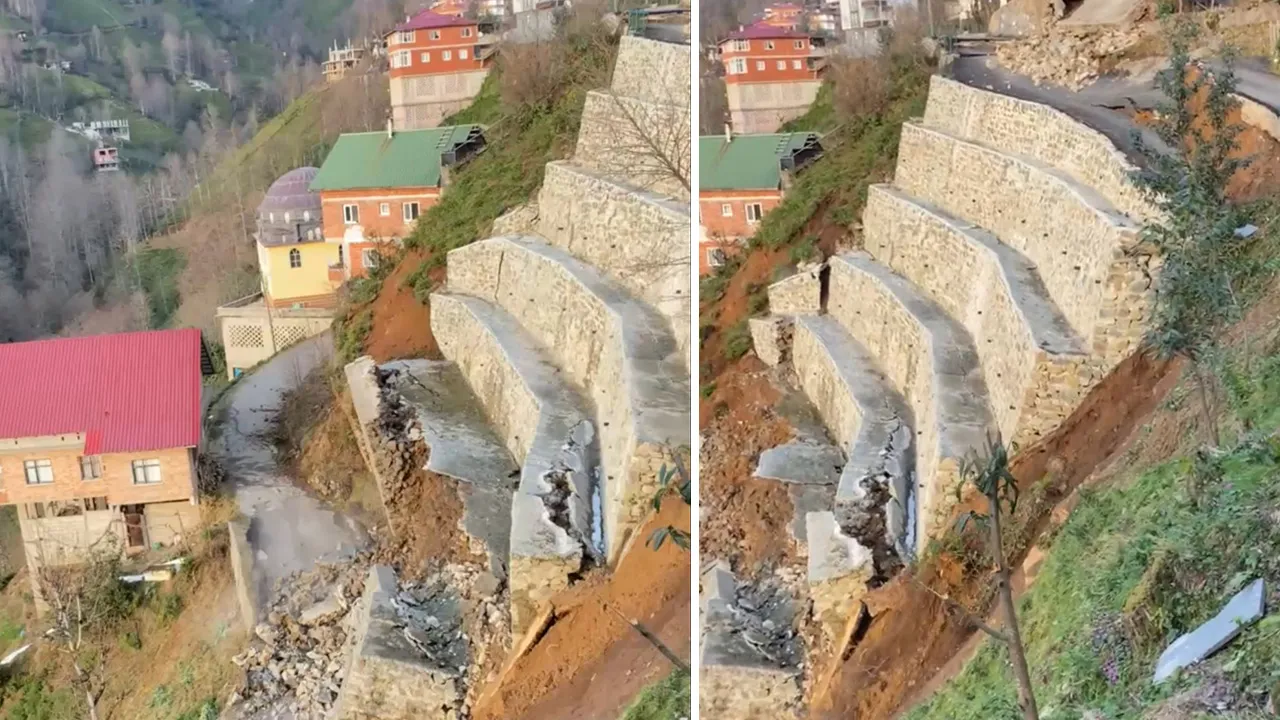 Köyde büyük panik! İstinat duvarı yıkıldı, mahalle yolu kapandı