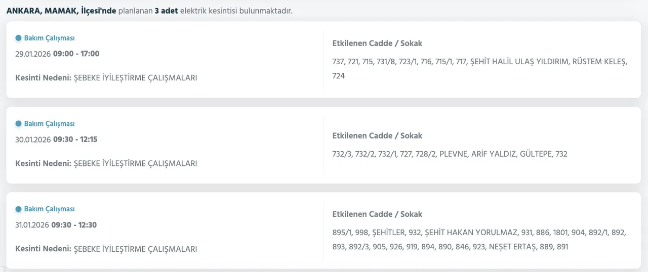 Ankara elektrik kesintisi 29-30-31 Ocak listesi: Ankarada elektrikler ne zaman, saat kaçta gelecek?