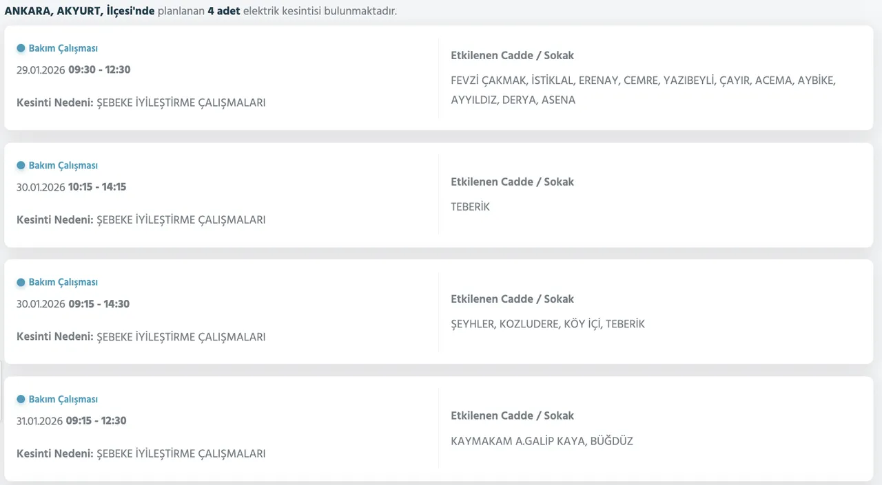 Ankara elektrik kesintisi 29-30-31 Ocak listesi: Ankarada elektrikler ne zaman, saat kaçta gelecek?