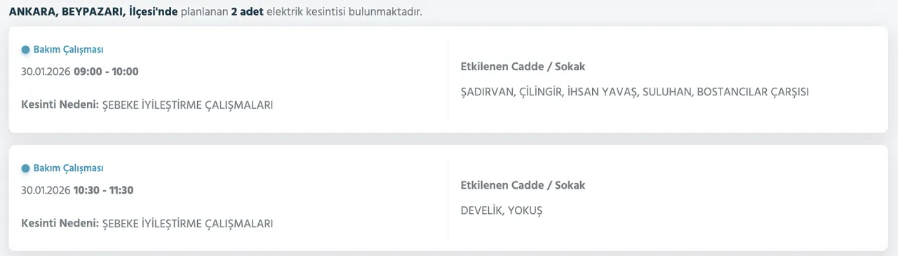 Ankara elektrik kesintisi 29-30-31 Ocak listesi: Ankarada elektrikler ne zaman, saat kaçta gelecek?