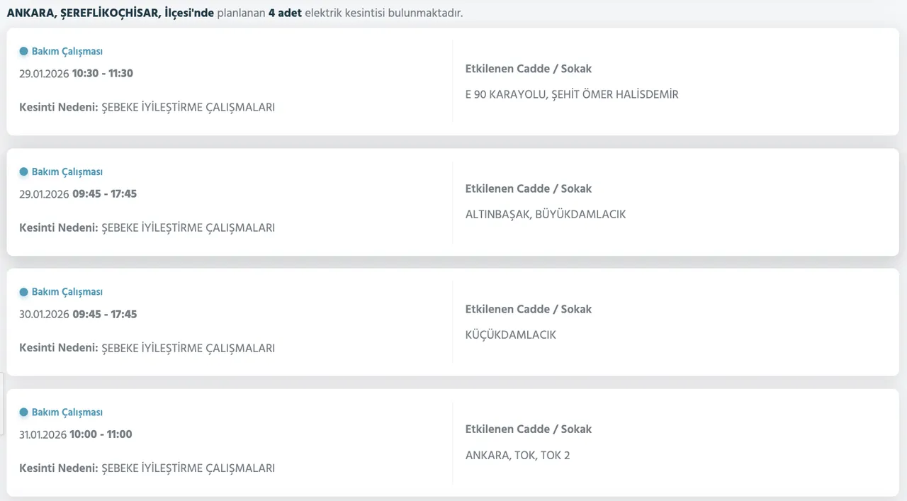 Ankara elektrik kesintisi 29-30-31 Ocak listesi: Ankarada elektrikler ne zaman, saat kaçta gelecek?