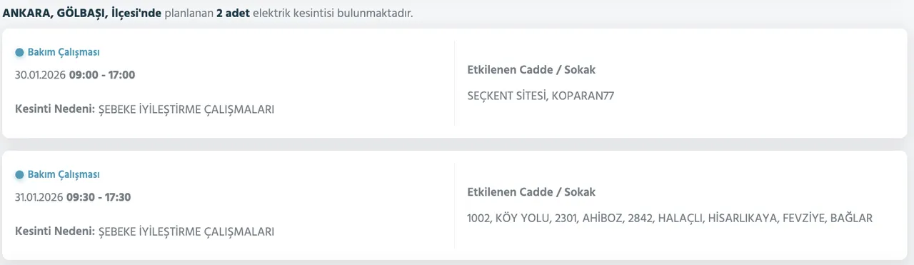 Ankara elektrik kesintisi 29-30-31 Ocak listesi: Ankarada elektrikler ne zaman, saat kaçta gelecek?