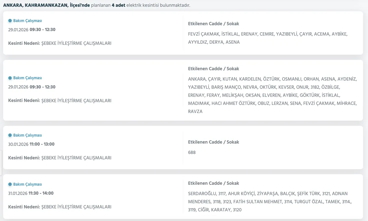Ankara elektrik kesintisi 29-30-31 Ocak listesi: Ankarada elektrikler ne zaman, saat kaçta gelecek?