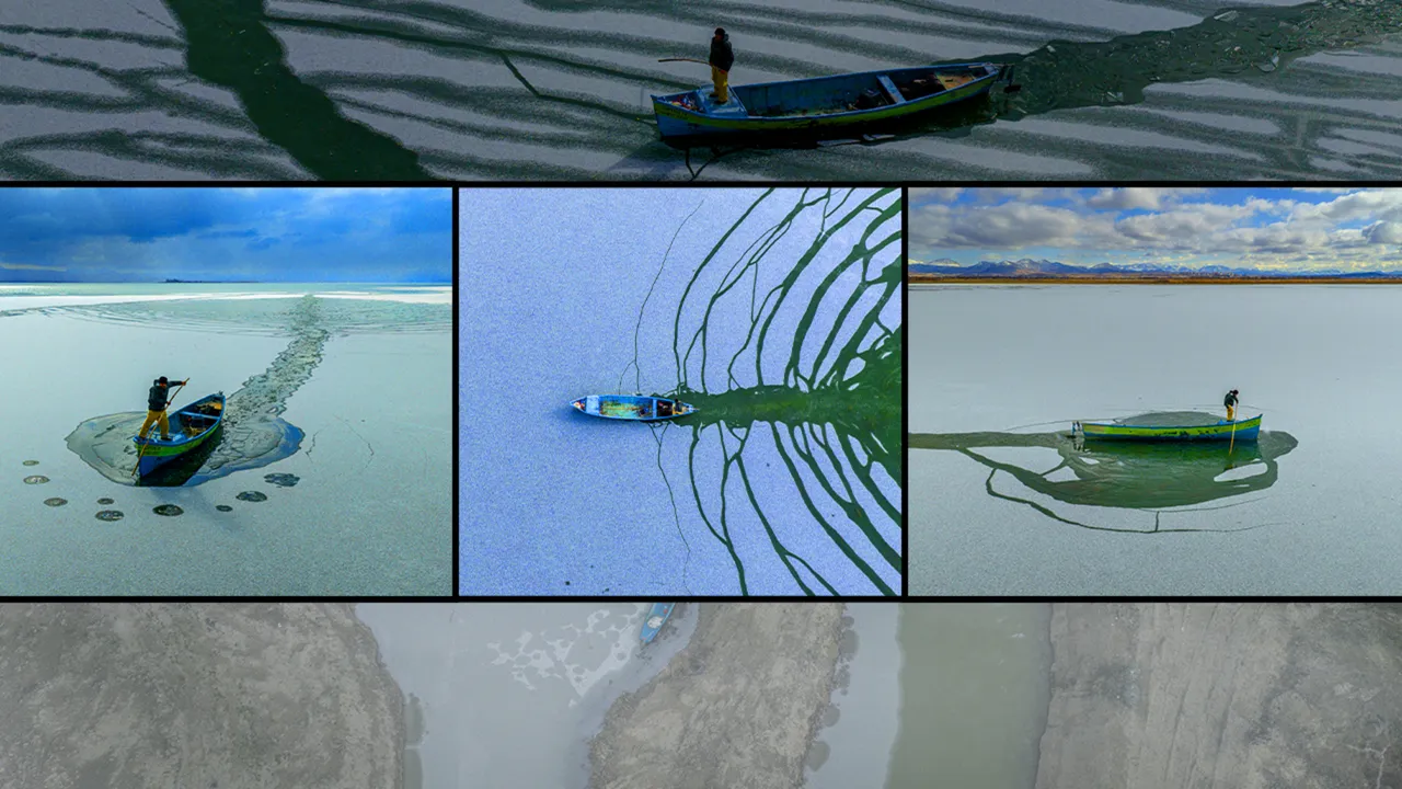 Böylesi görülmedi! Buzla kaplı gölde adım adım ekmek parası