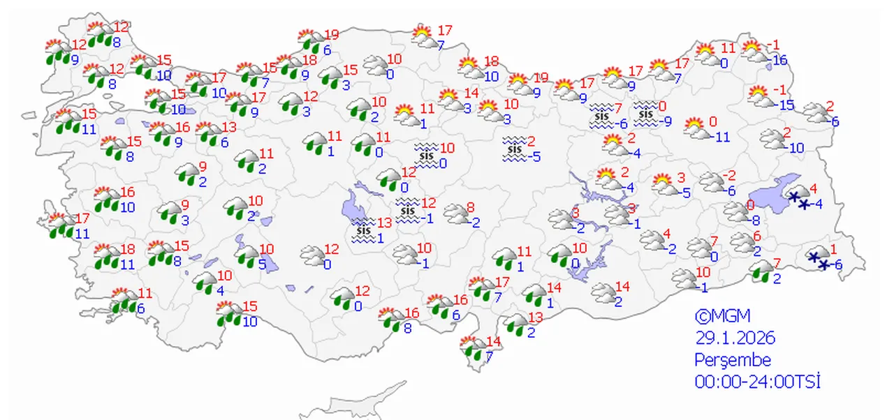 29 Ocak Perşembe hava durumu haritası