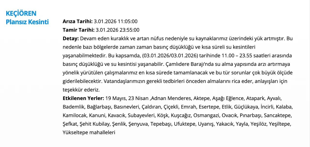 3 Ocak ASKİ su kesintisi sorgulama ekranı: Ankarada sular ne zaman gelecek? (Keçiören, Yenimahalle, Elmadağ)
