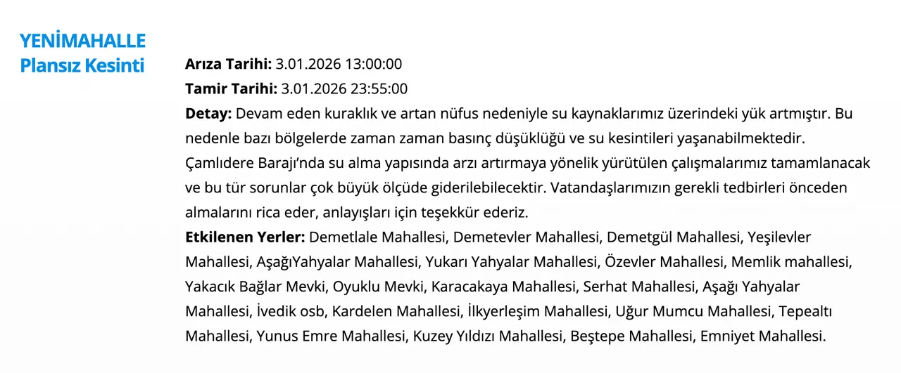 3 Ocak ASKİ su kesintisi sorgulama ekranı: Ankarada sular ne zaman gelecek? (Keçiören, Yenimahalle, Elmadağ)