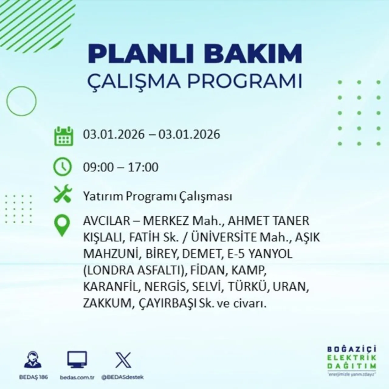 3 Ocak İstanbul elektrik kesintisi