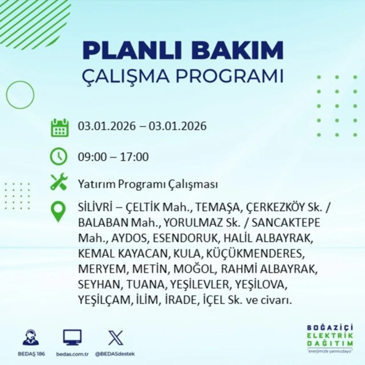 3 Ocak İstanbul elektrik kesintisi