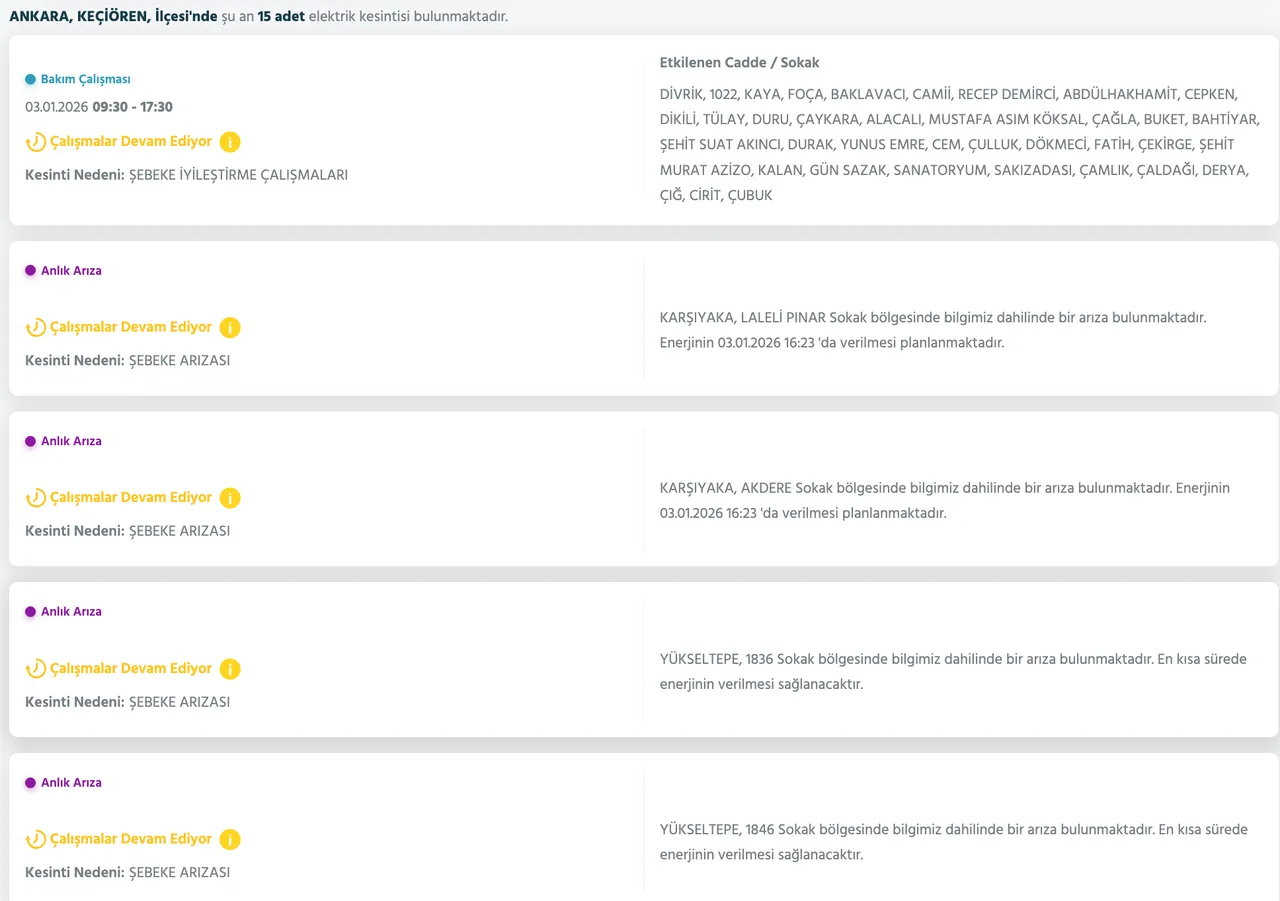 Başken EDAŞ elektrik kesintisi son dakika: 3 Ocak 2026 Ankarada elektrikler ne zaman gelecek? İşte ilçe ilçe kesinti listesi...