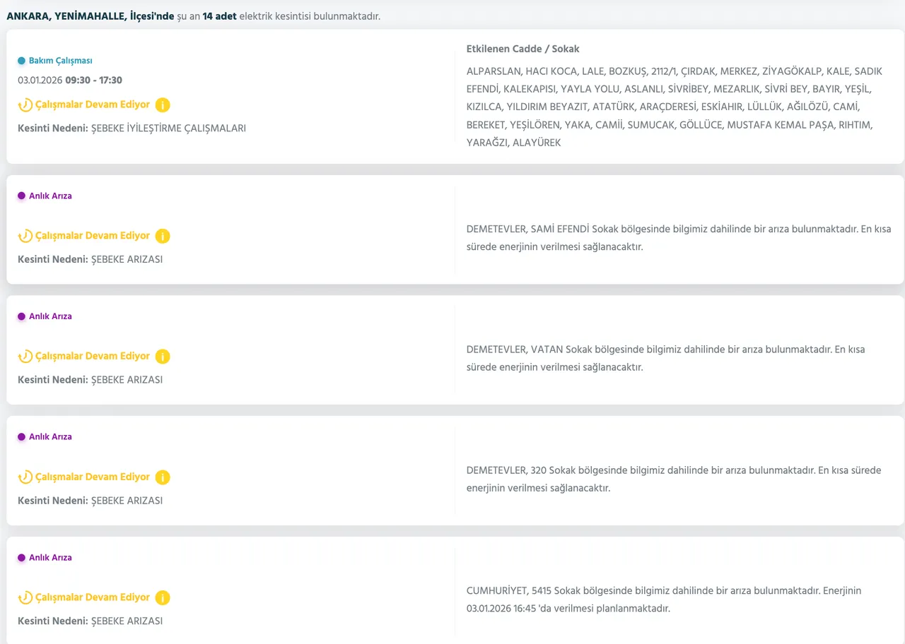 Başken EDAŞ elektrik kesintisi son dakika: 3 Ocak 2026 Ankarada elektrikler ne zaman gelecek? İşte ilçe ilçe kesinti listesi...