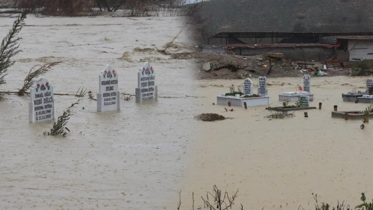 Sağanak yağış kanalı taşırdı! Mezarlar sular altında kaldı