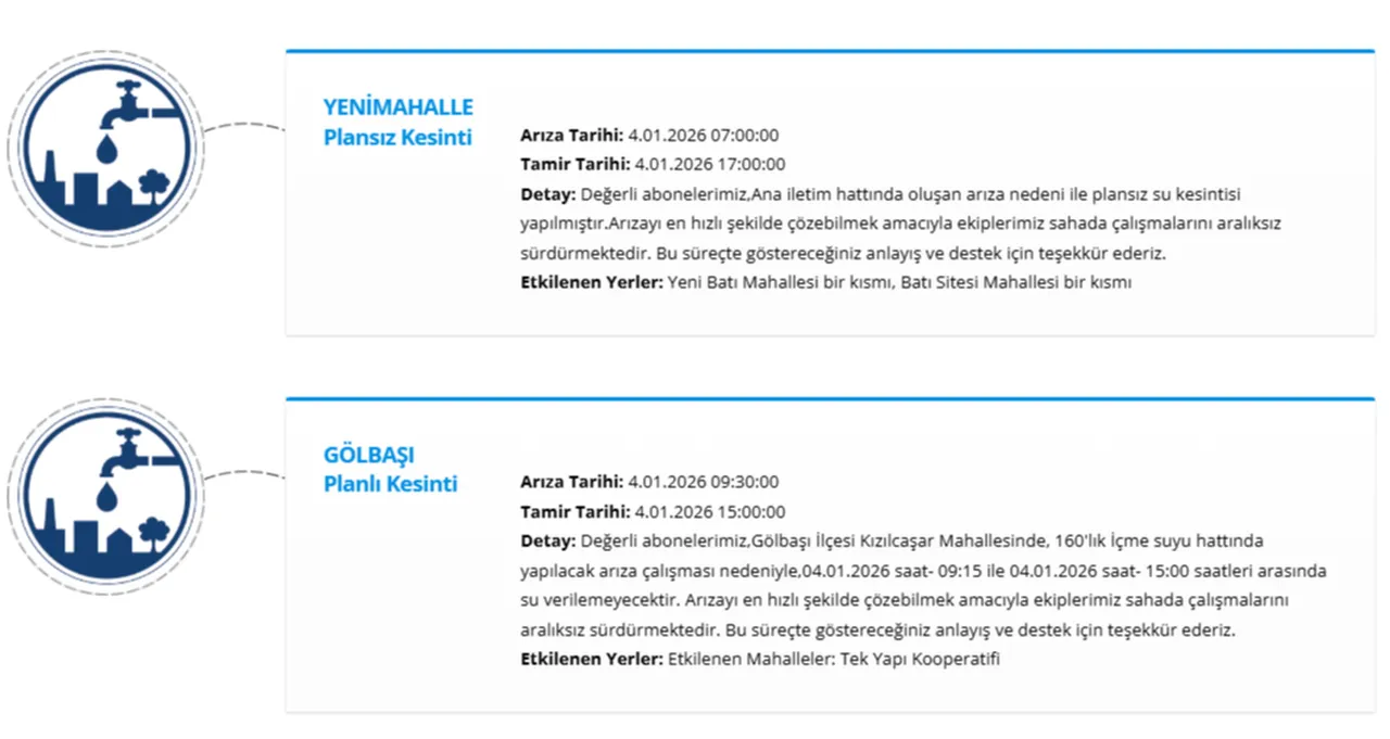 Ankaranın 3 ilçesinde (Yenimahalle, Gölbaşı, Çankaya) su kesintisi: Sular ne zaman gelecek?