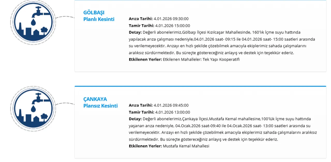 Ankaranın 3 ilçesinde (Yenimahalle, Gölbaşı, Çankaya) su kesintisi: Sular ne zaman gelecek?