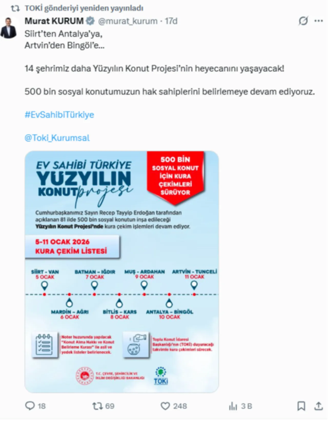 Haftalık TOKİ sosyal konut kura takvimi! TOKİ canlı kuraları bugün hangi illerde yapılacak?