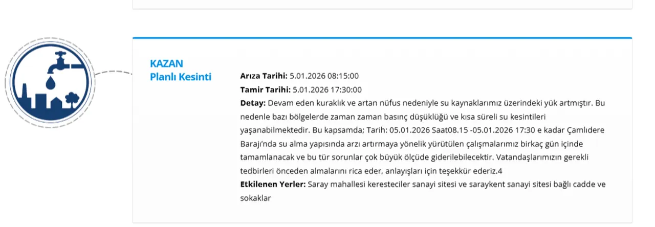 ASKİ Ankara su kesintisi! 5 Ocak Ankarada sular ne zaman gelecek? (Çankaya, Etimesgut, Yenimahalle)