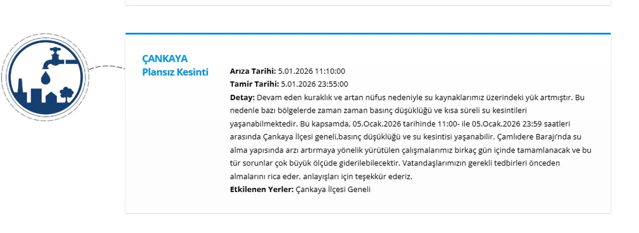 ASKİ Ankara su kesintisi! 5 Ocak Ankarada sular ne zaman gelecek? (Çankaya, Etimesgut, Yenimahalle)