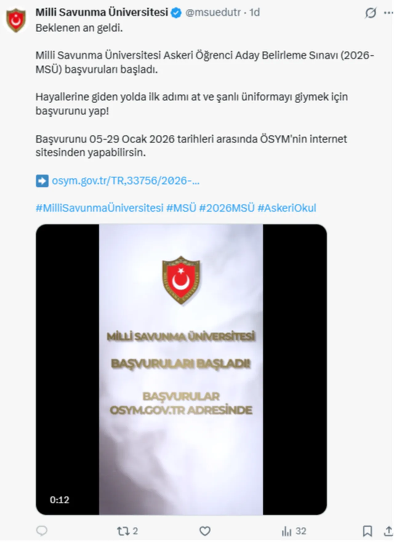 MSÜ 2026 başvuruları başladı (ÖSYM MSÜ başvuru kılavuzu 2026)