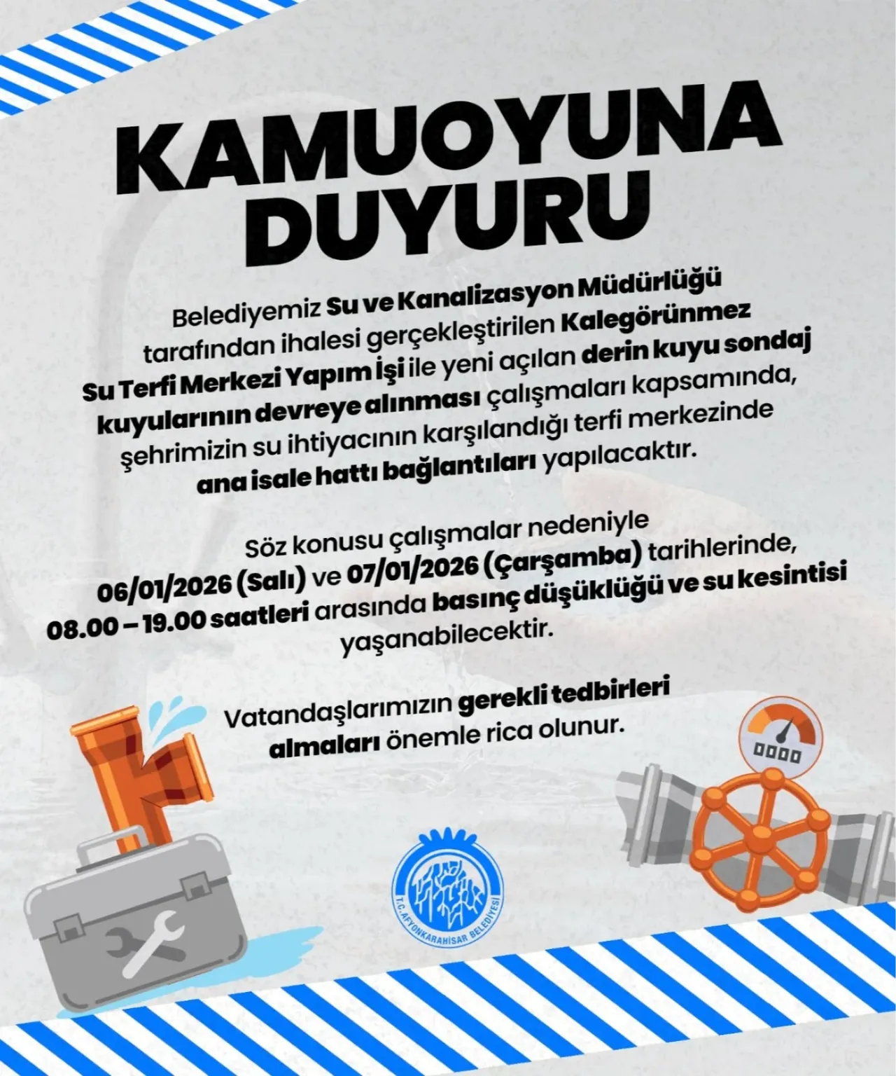 Afyonkarahisarda dikkat! 6 -7 Ocak Afyonkarahisarda sular ne zaman gelecek? İşte kesinti yapılacak saatler...