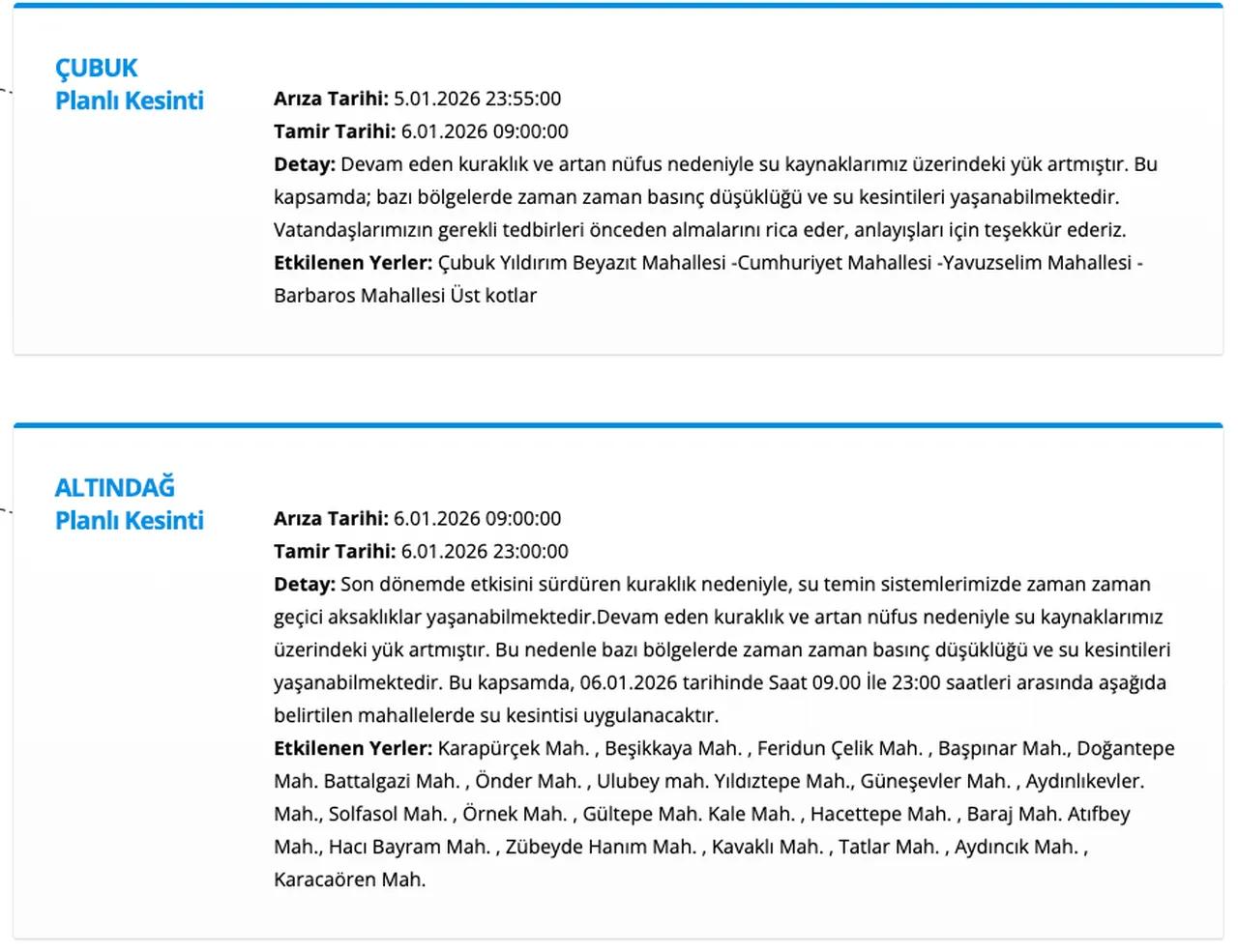 ASKi su kesintisi 6 Ocak Salı: Ankarada sular ne zaman, saat kaçta gelecek?