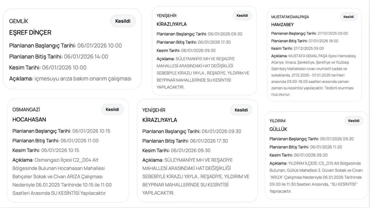 BUSKİ su kesintisi 6 Ocak 2026: Bursada sular ne zaman, saat kaçta gelecek?