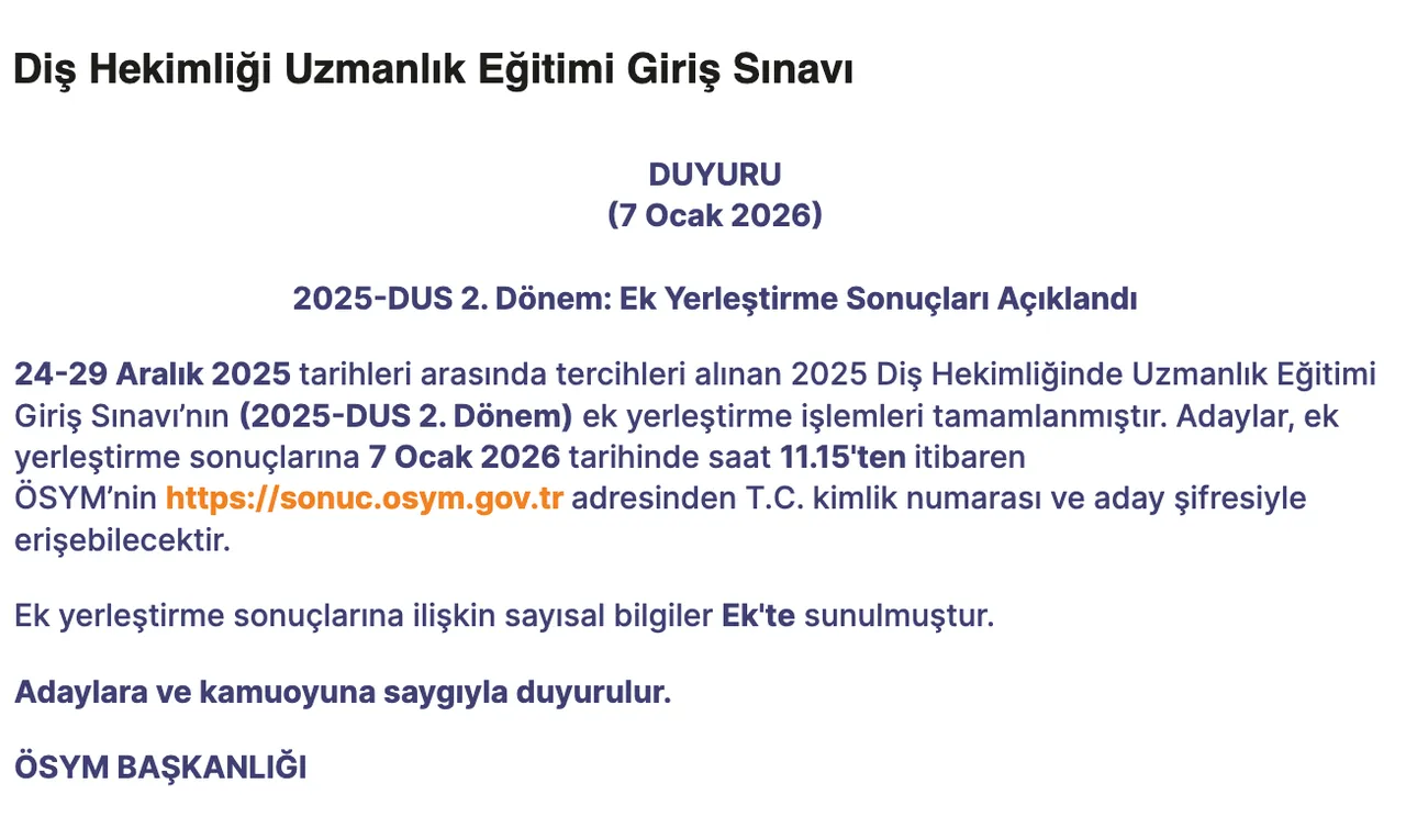 2025-DUS 2. Dönem sonuç sorgulama: 2025-DUS Ek Yerleştirme Sonuçları Açıklandı!