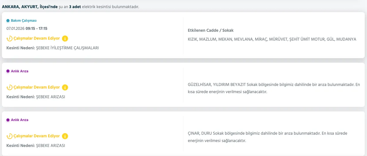 7-8 Ocak Ankarada elektrikler ne zaman gelecek? Başkent EDAŞ elektrik kesintisi sorgulama ekranı