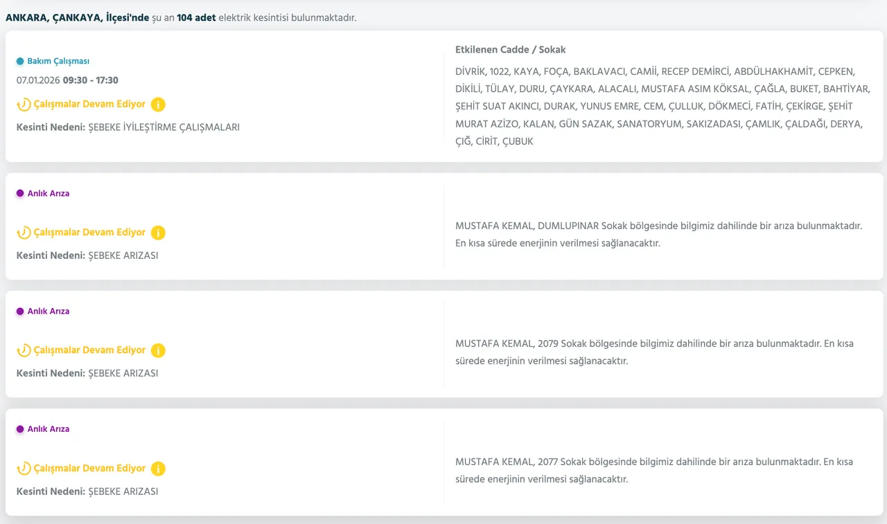7-8 Ocak Ankarada elektrikler ne zaman gelecek? Başkent EDAŞ elektrik kesintisi sorgulama ekranı