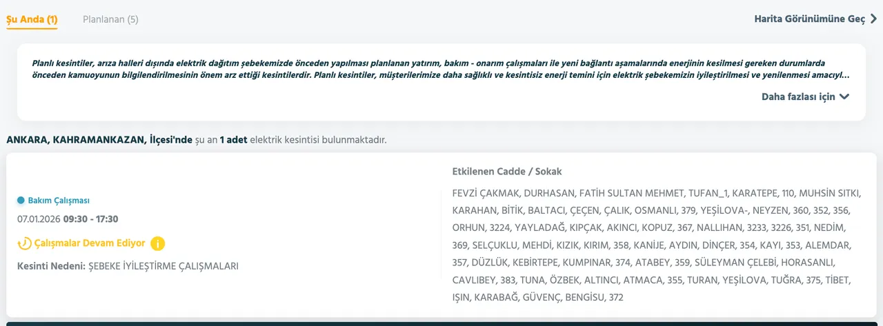 7-8 Ocak Ankarada elektrikler ne zaman gelecek? Başkent EDAŞ elektrik kesintisi sorgulama ekranı